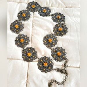 VTG Bronze Tone & Amber Lucite Flower Hippie Chain Belt w/ Rhinestone Ac…